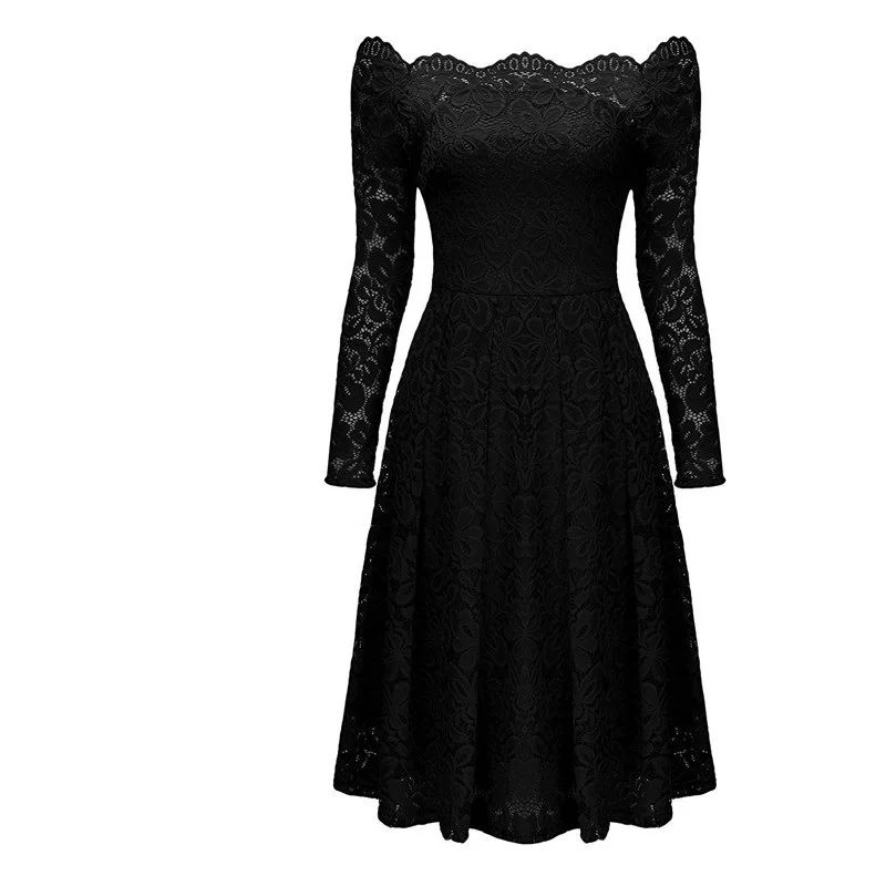 7 привлечь элегантный Кружево Платья для женщин осень партии Черный с длинным