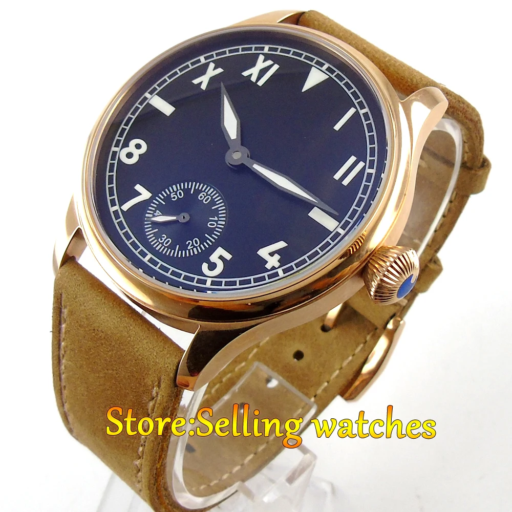 

44mm Parnis Rose gold Case black dial Mechanical Hand-winding 6498 mens Watch