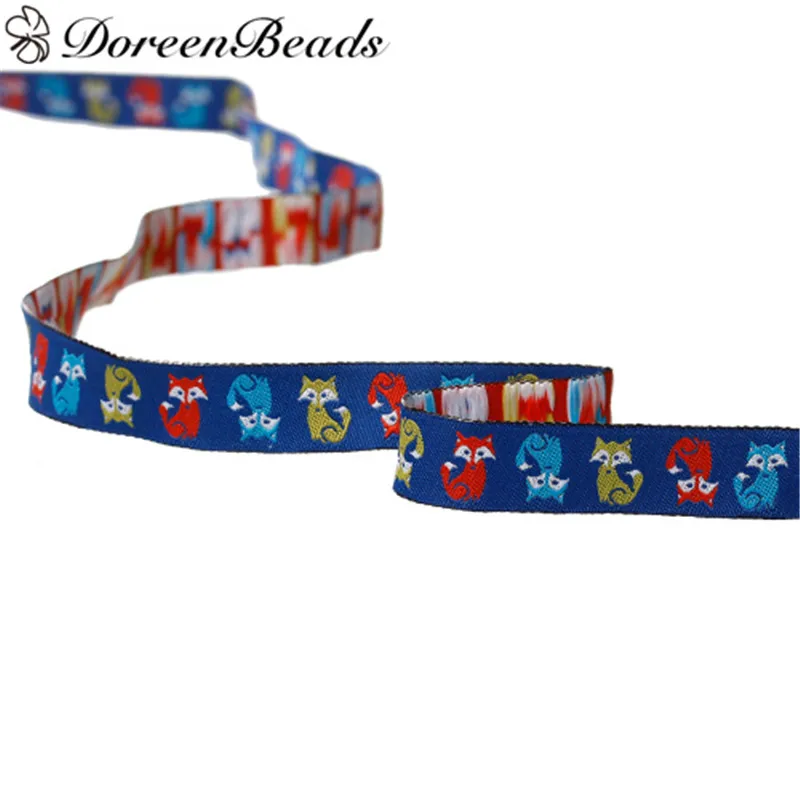 DoreenBeadsPolyester тканая жаккардовая Пасхальная лента с разноцветным рисунком лисы