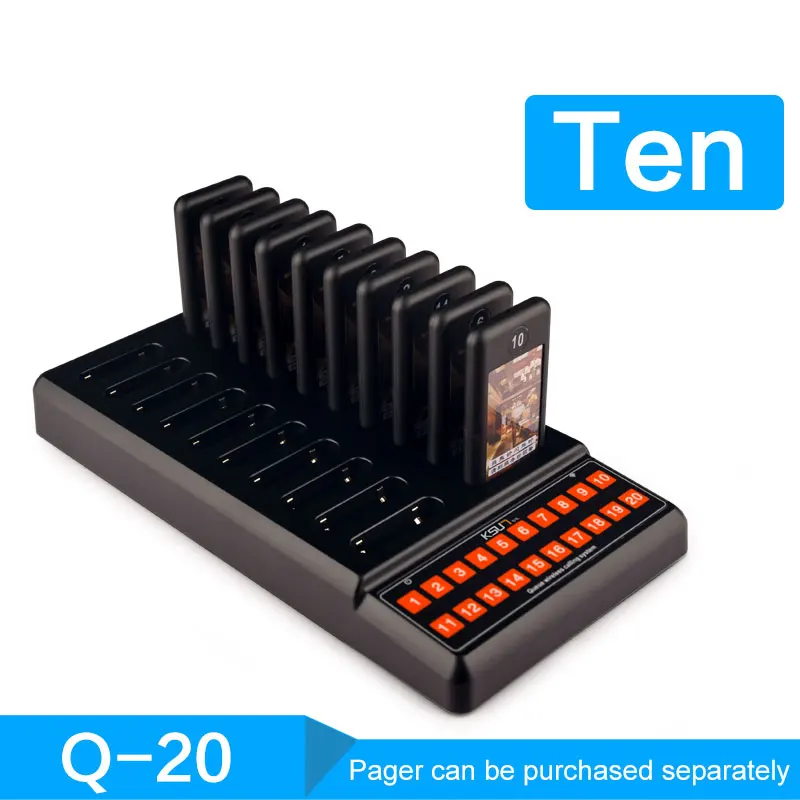 Q-20-10 KSUN T-Q20 пейджер ресторана Беспроводная система подкачки очередей 16 вызова пейджеры с подставкой 999 канал оборудование для ресторана приемопередатчик - Цвет: Q-20-10