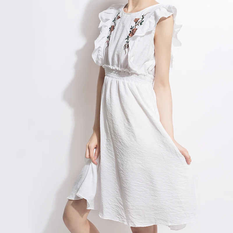 Возможно U белое бежевое платье до колена с цветочной вышивкой и оборками без