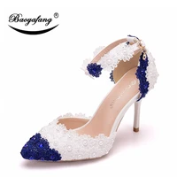 summer blue and white porcelain white and blue paired lace banquet stage sandals with fine heels and big wharf dance sandals