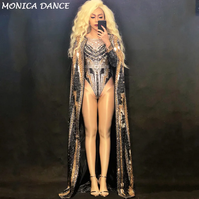 Stage Performance Silver Crystals Bodysuit Long Jacket Dance Outfit Clothing Set Party luxurious Shining Dance Costume