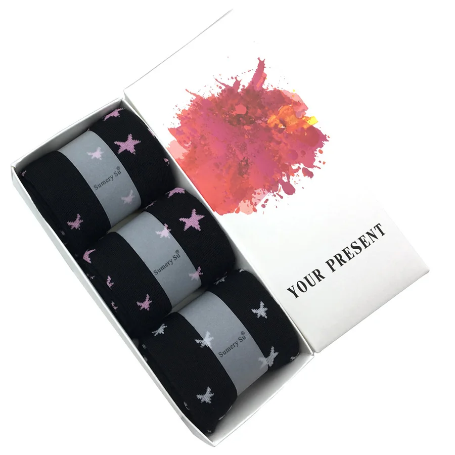 2Pink-1White Stars 3 пары/партия, чулки, женские, хлопковые, в горошек, со звездами, сексуальные, милые, до бедра, выше колена, тонкие, для девушек, для женщин, зима, осень - Цвет: 2Pink-1White Stars