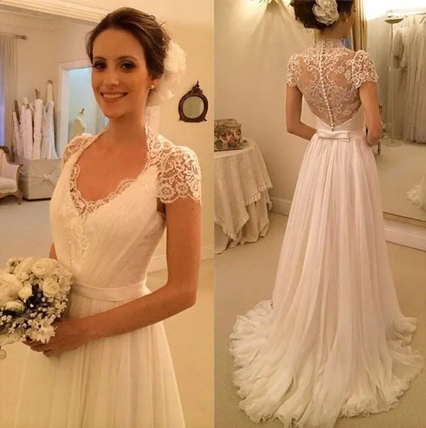 Boho Белый кружево свадебное платье короткий рукав тюль Vestido De Noiva Иллюзия Назад Пол