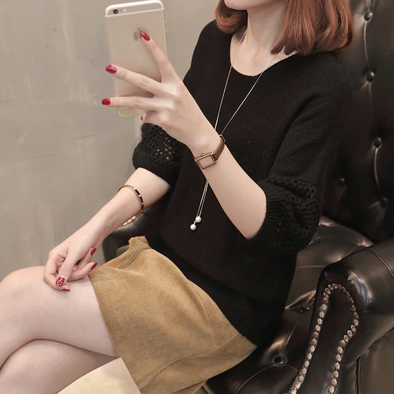 2019 Hot Sale Women Spring Knitted Sweater Three Quarter Sleeve Female Casual Pullover Ladies Pull Femme | Женская одежда