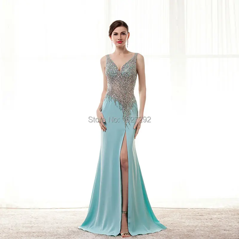 2015 Custom Made Sexy Backless V-Neck Long Formal Gowns Beading Crystal Evening Dress Gown Abendkleider | Свадьбы и торжества
