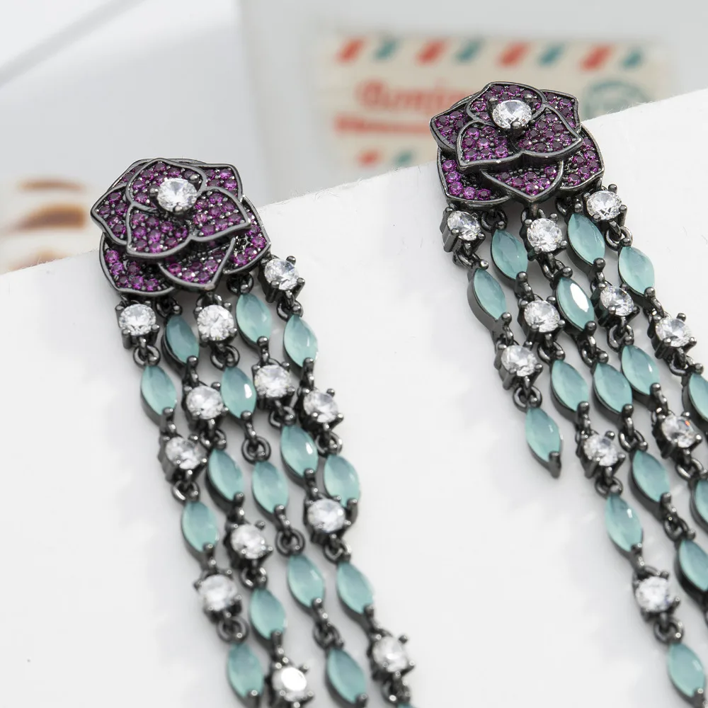 Bilincolor long black gun plated vintage purple rose flower with green tassel earring for women | Украшения и аксессуары