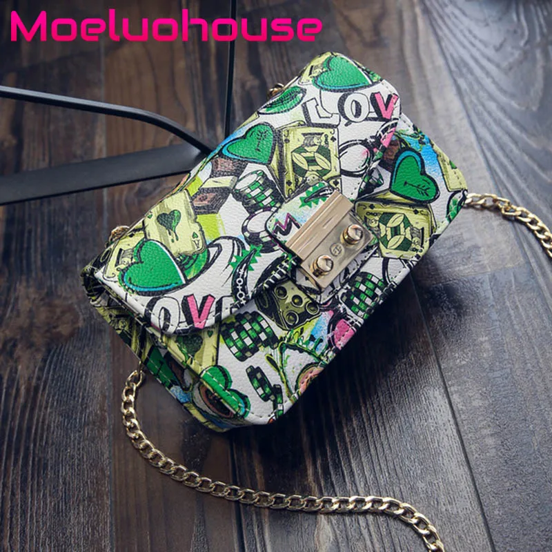 Moeluohouse граффити сердце девушка для женщин плеча Crossbody Box сумка цепи Hasp клапаном