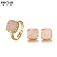 shinygem square natural crystal druzy stud earrings adjustable rings minimalism gold plating wedding jewelry sets bridal jewelry