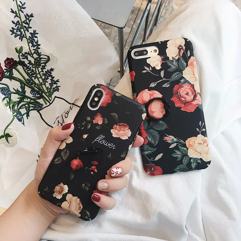 Винтажный чехол Boucho с цветочным принтом и кольцом для iPhone 6 6s 7 8 Plus X XS MAX XR Матовый
