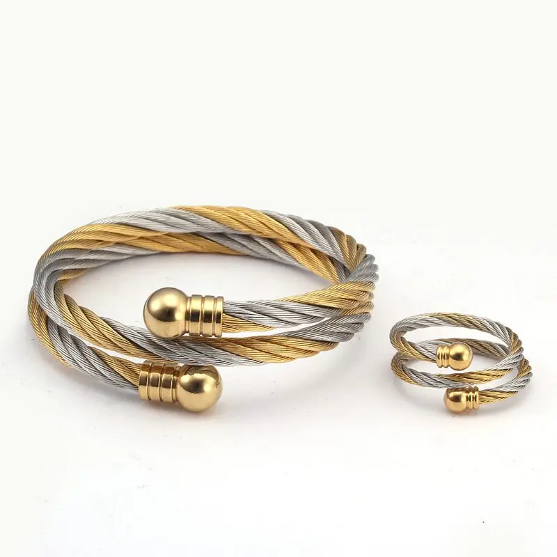 Conjunto de pulseras de lujo para hombre y mujer, brazalete abierto trenzado de acero inoxidable,