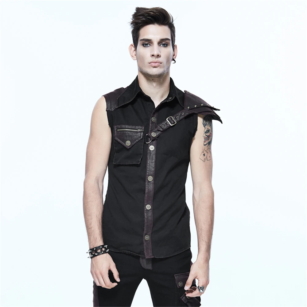 Steampunk Men's Button-down Shirt Slim-fitting Black Casual Summer Strap Sleeveless Tops | Мужская одежда