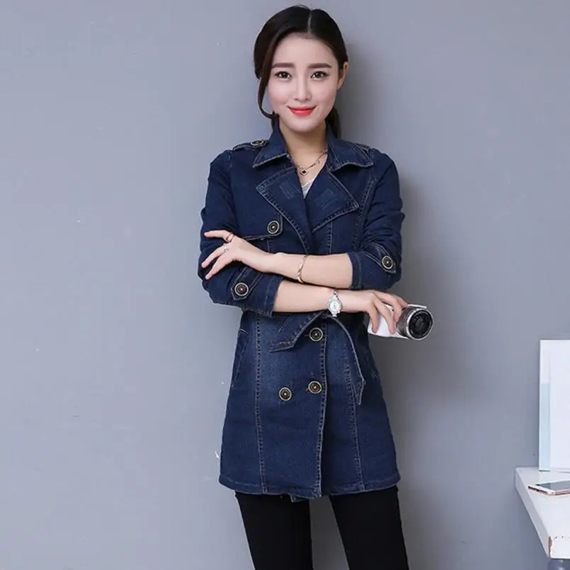 Autumn Women Casual slim Long Denim Trench Coat Female Boyfriend jean Overalls Plus Size Double-breasted Windbreaker coats y79 | Женская