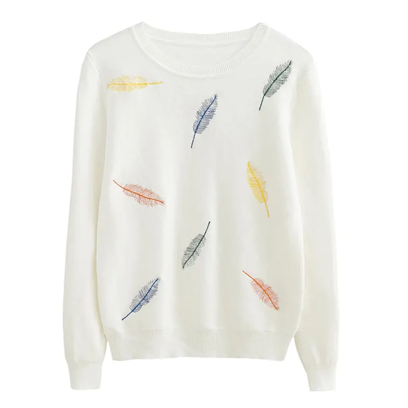 2019 New Autumn winter women fashion feather Embroidery Knitted sweaters black white woman/girl casual sweater | Женская одежда