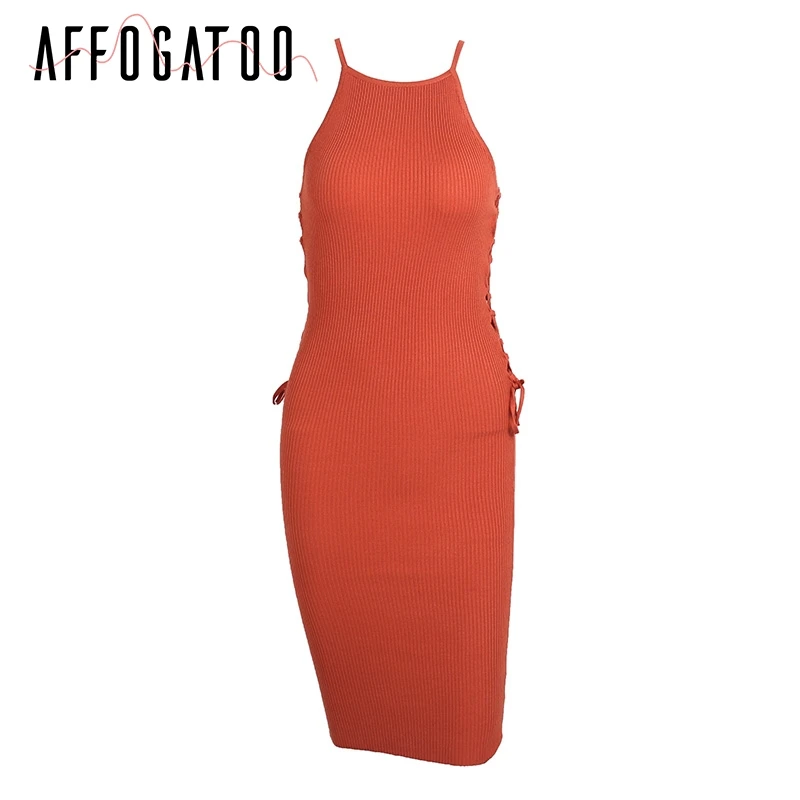 Affogatoo Stap вязаное кружево до bodycon Мини женское платье без рукавов выдалбливают