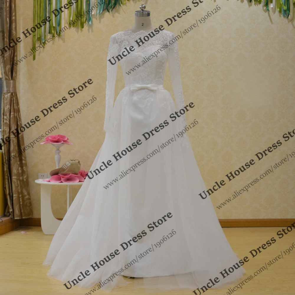 Sposa Abito Mermaid Шнурка С Длинным Рукавом Свадебные Платья Со Съемной Поезд Выкл Белое