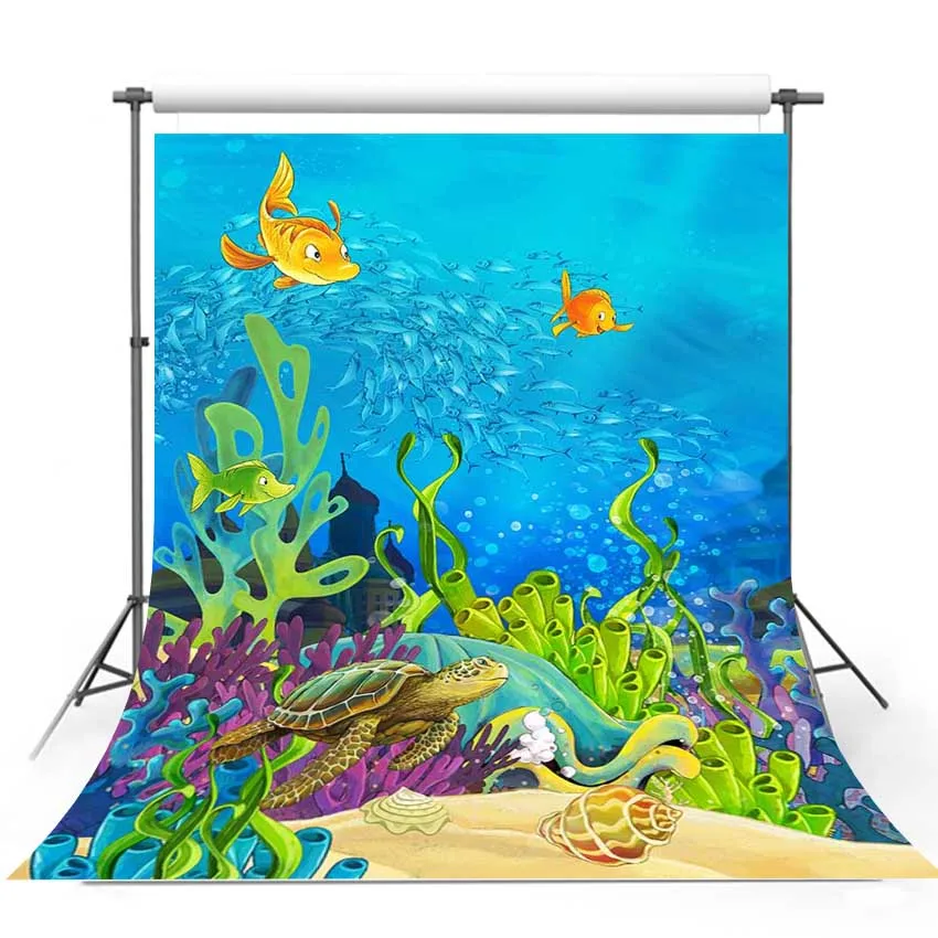 

Детский фон для фотостудии голубой подводный мир черепаха Золотая рыбка на фоне кораллов оригинальный дизайн фотосессия F2999
