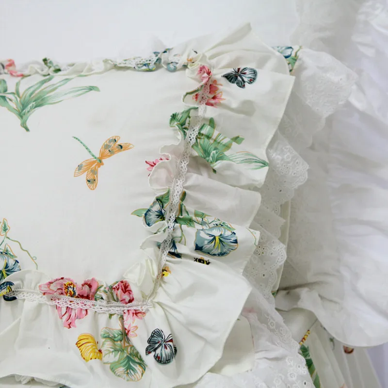

Hot Butterfly love flower print bedding set European bedding big ruffle lace bed set princess king bedding set duvet cover set