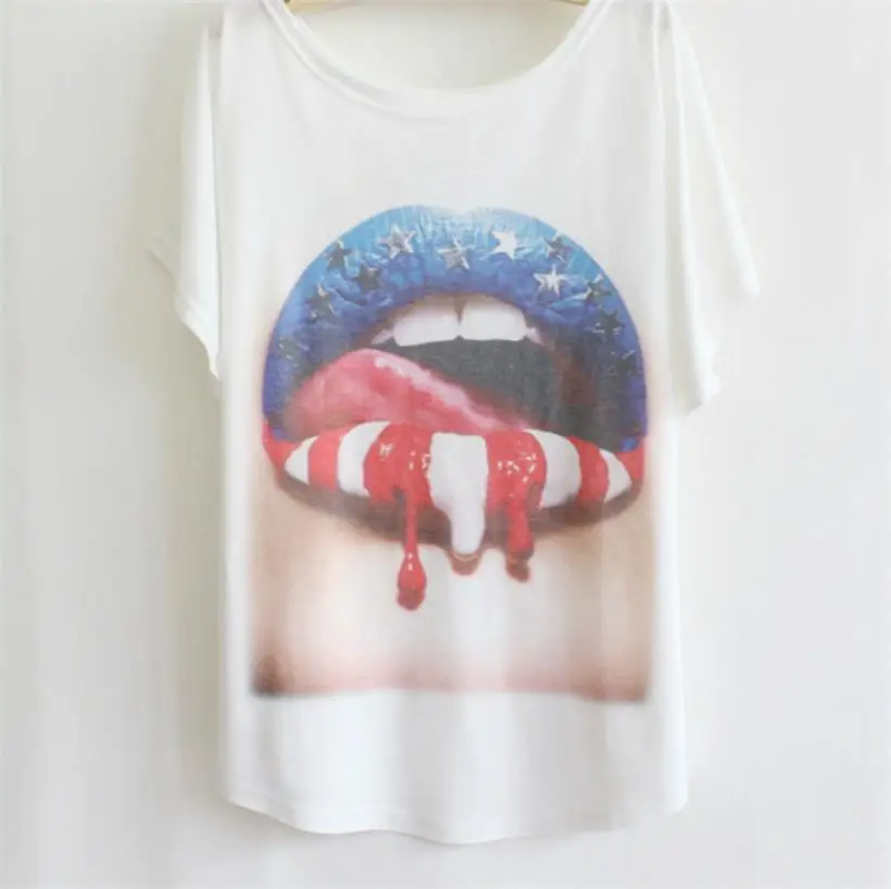 Красивая 2018 Лето Для женщин красные губы Футболка с принтом короткий рукав
