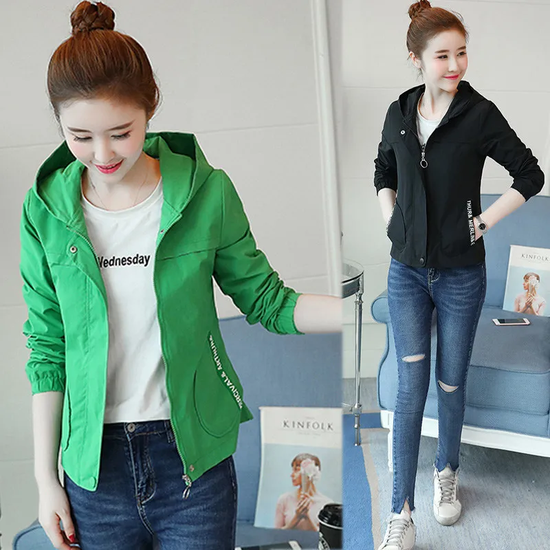 

Spring Autumn Short Jacket 2021 New Women's Windbreaker Korean Shirt Long-sleeved Solid Color Casual Female Hooded Coats A1427