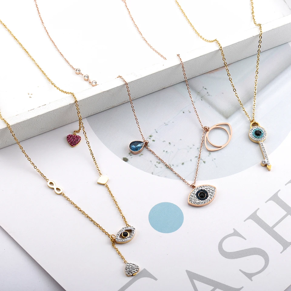 Eye Love Heart Zircon Pendant Necklace Titanium Stainless steel Gold Chain Necklace Inlaid Zircon Fashion Trendy Women Jewelry