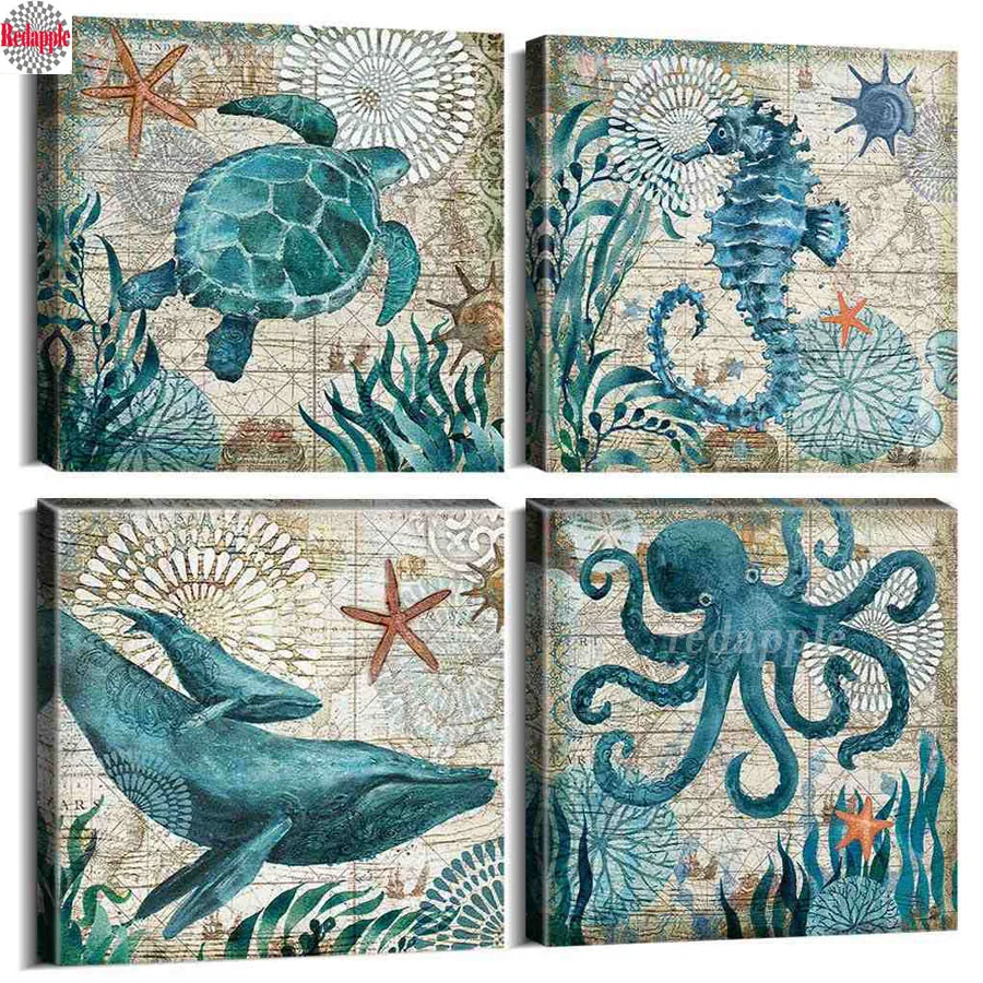 Mosaico de diamantes con temática oceánica, imágenes de animales marinos, pulpo, Tortuga, caballito de mar y ballena, punto de cruz, decoración de baño, 4 piezas