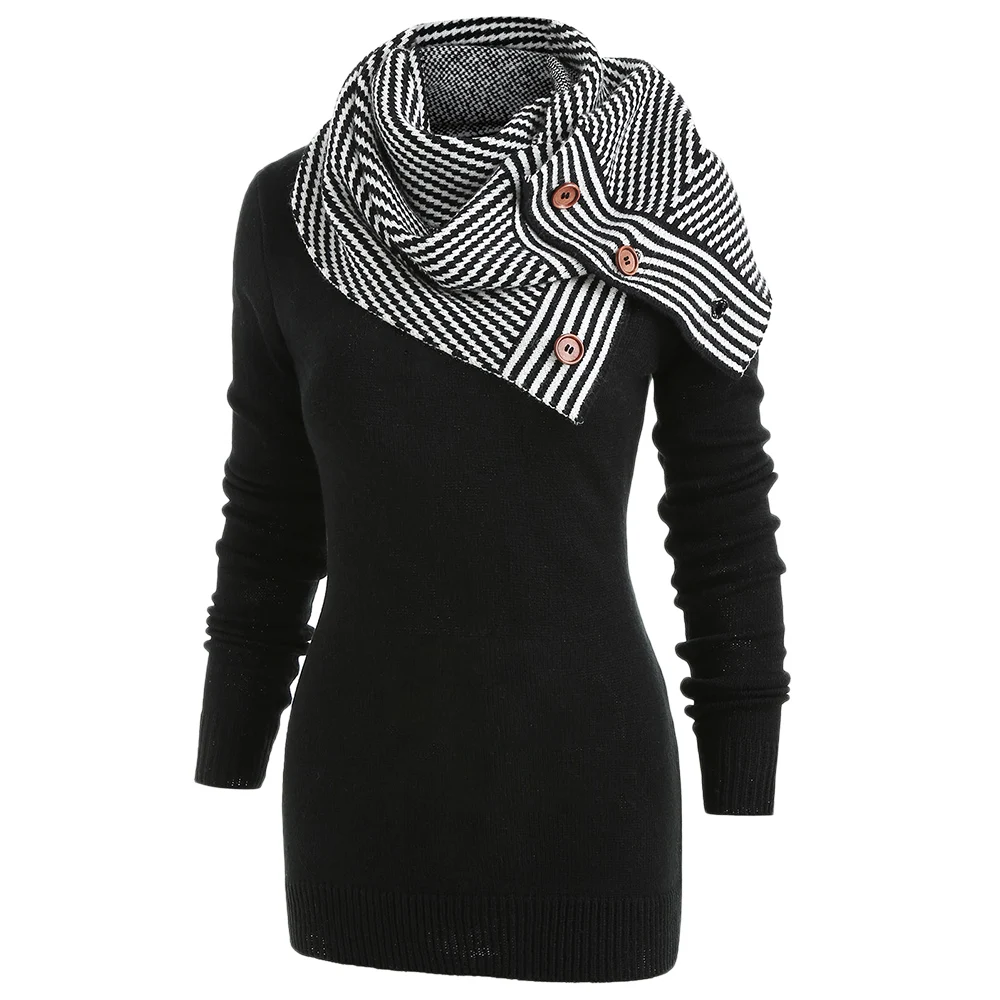 Wipalo Pullover Sweater Women Buttons Crew Neck Long Sleeve Sweater With Striped Scarf Winter knitting Ladies Tops Clothing