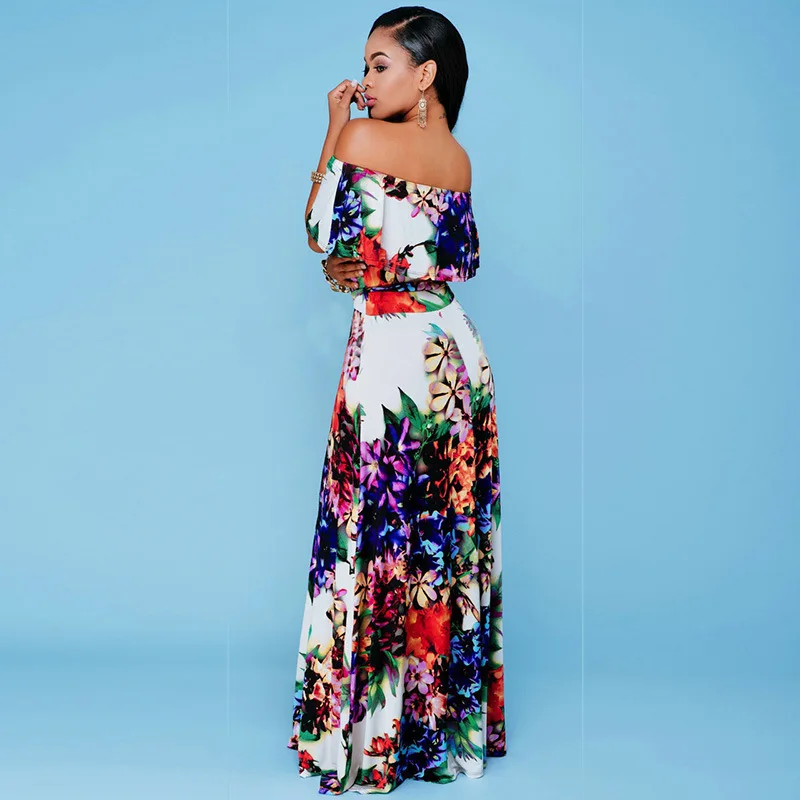 Женское длинное платье с открытыми плечами коротким рукавом и принтом | Женская