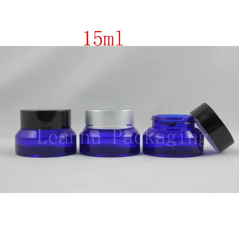 15g blue glass cream jar with black/silver aluminum lid, 15g cosmetic jar, packing for sample/eye cream, 15g mini glass bottle