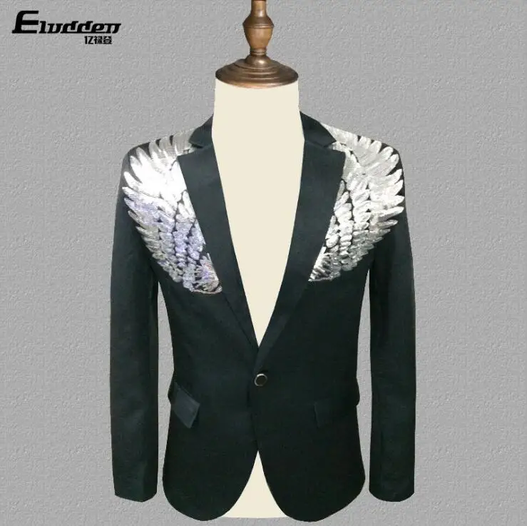 Sequin wings clothes men suits designs masculino homme terno stage singers jacket men blazer dance star style dress punk black