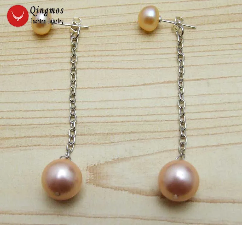 Qingmos Natural Pearl Earring for Women with Pink 7-8mm Flat Round &amp Dangle 12mm Sea Shell Earrings Jewelry Ear563 | Украшения и