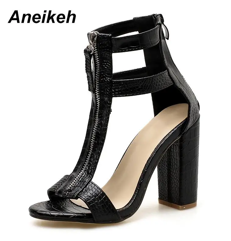 Black Aneikeh; женские босоножки; пикантная обувь черного цвета на высоком каблуке; модные туфли-лодочки на квадратном каблуке с открытым носком; Летняя обувь на молнии в римском стиле; zapatos mujer - Цвет: Black
