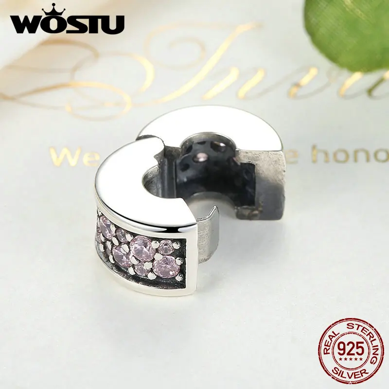 WOSTU 100% 925 пробы Серебряный элегантная блестящая клипса Шарм с розовым CZ Fit