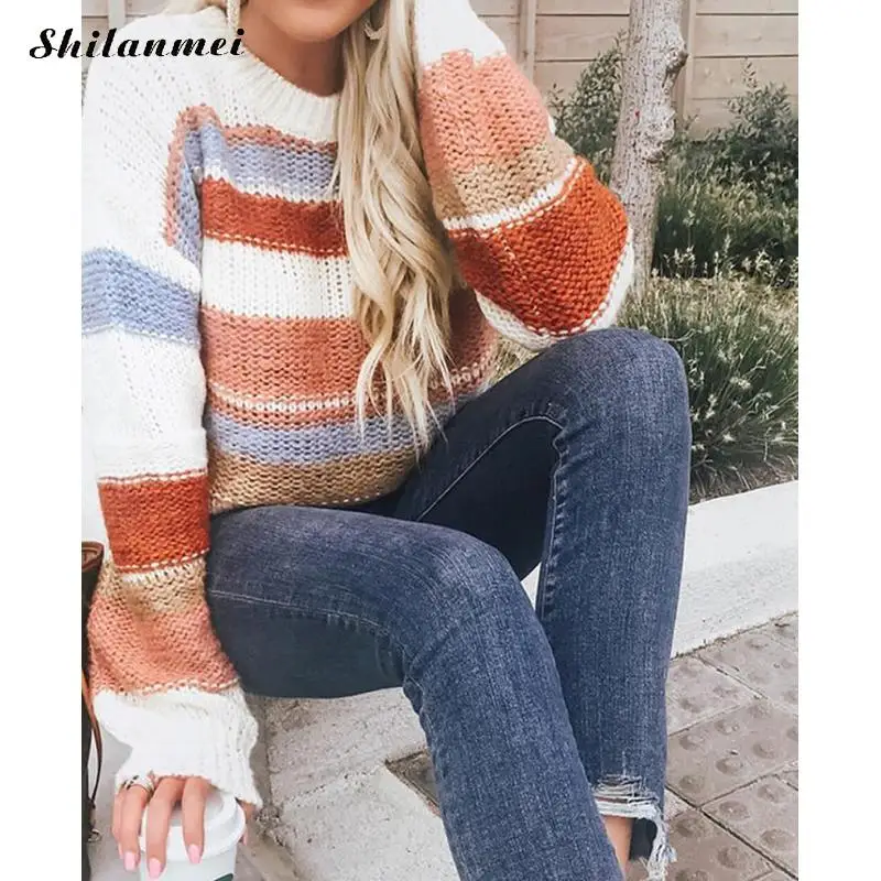 

Autumn Fashion Long Sleeve Knitted Sweater Women Colorful Stripe Pull Femme Ladies Sweater Pull Femme Top O Neck Causal Pullover