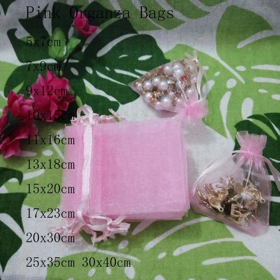 Розовые сумки из органзы 100 шт./лот 7x9 9x12 10x15 13x18 15x20 17x23 см на шнурке для ювелирных