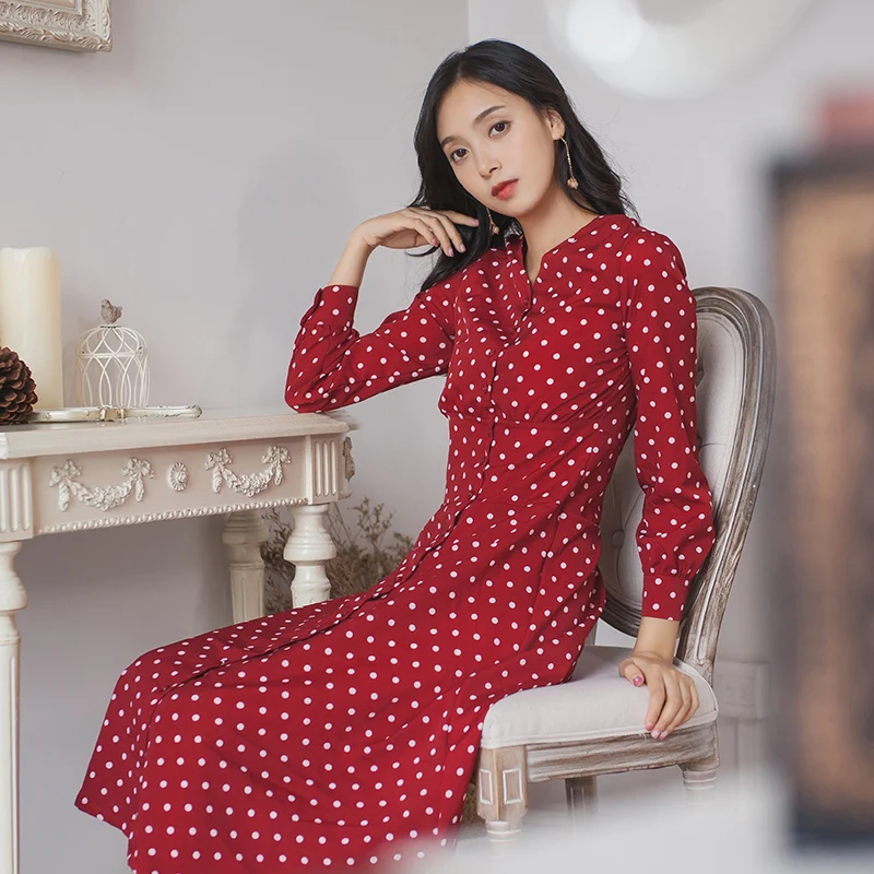 2019 Mori Girl весна осень женское платье миди v образный вырез красный горошек