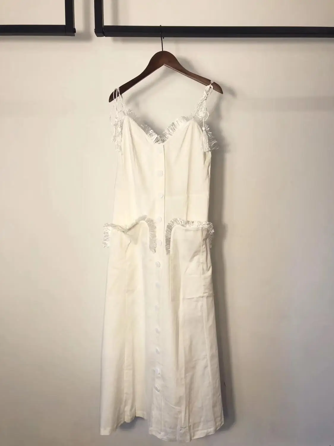 

New Women's Mid Long Dress Sexy Strap 2019 Summer Ladies Vacation Aline Dress Tassel Buttons Pockets Party Vestidos High Quality
