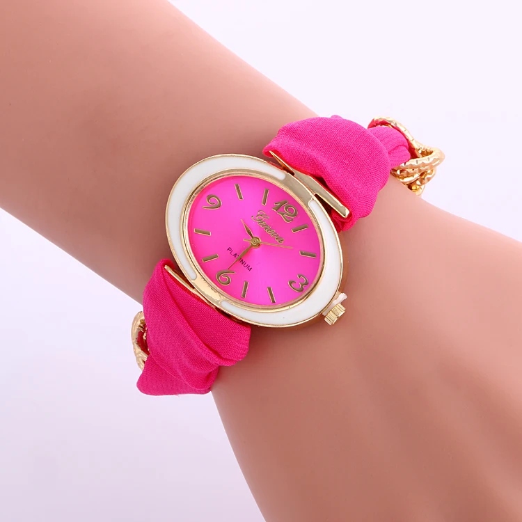 100pcs/lot oval head gold case geneva watch cloth belt fashion ribbon elegance wrap quartz wholesale lady wristwatch | Наручные часы