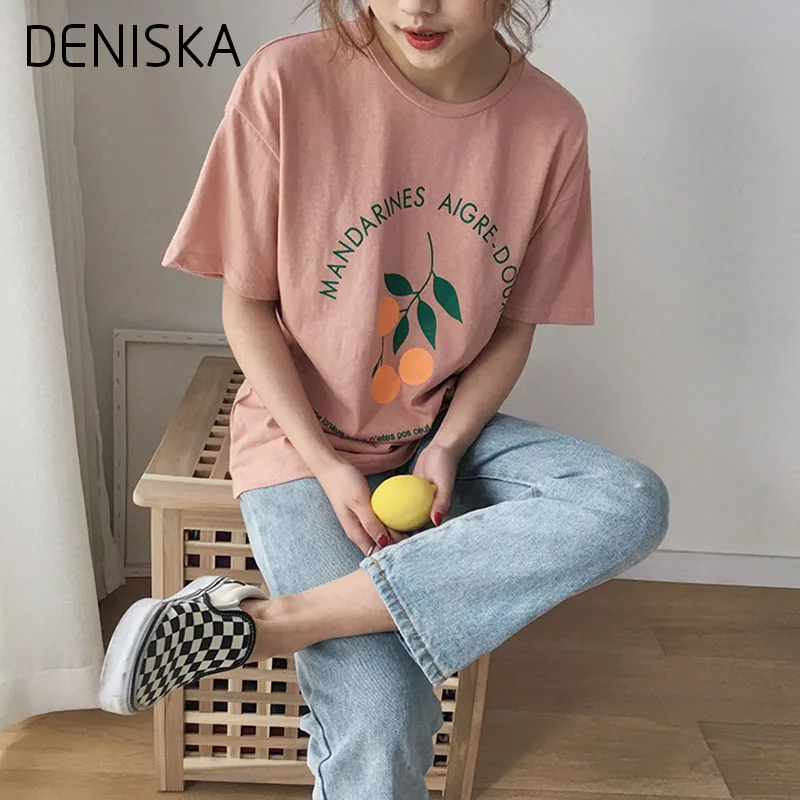 Дениска 2018 Мода Новый Письмо оранжевый хлопковая Футболка с принтом Для женщин
