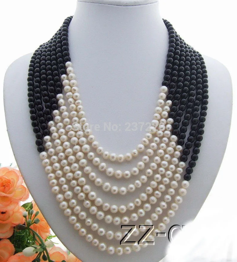 Горячая # Оптовая цена БЕСПЛАТНАЯ ДОСТАВКА ^ 7 ожерелье из белого жемчуга и оникса