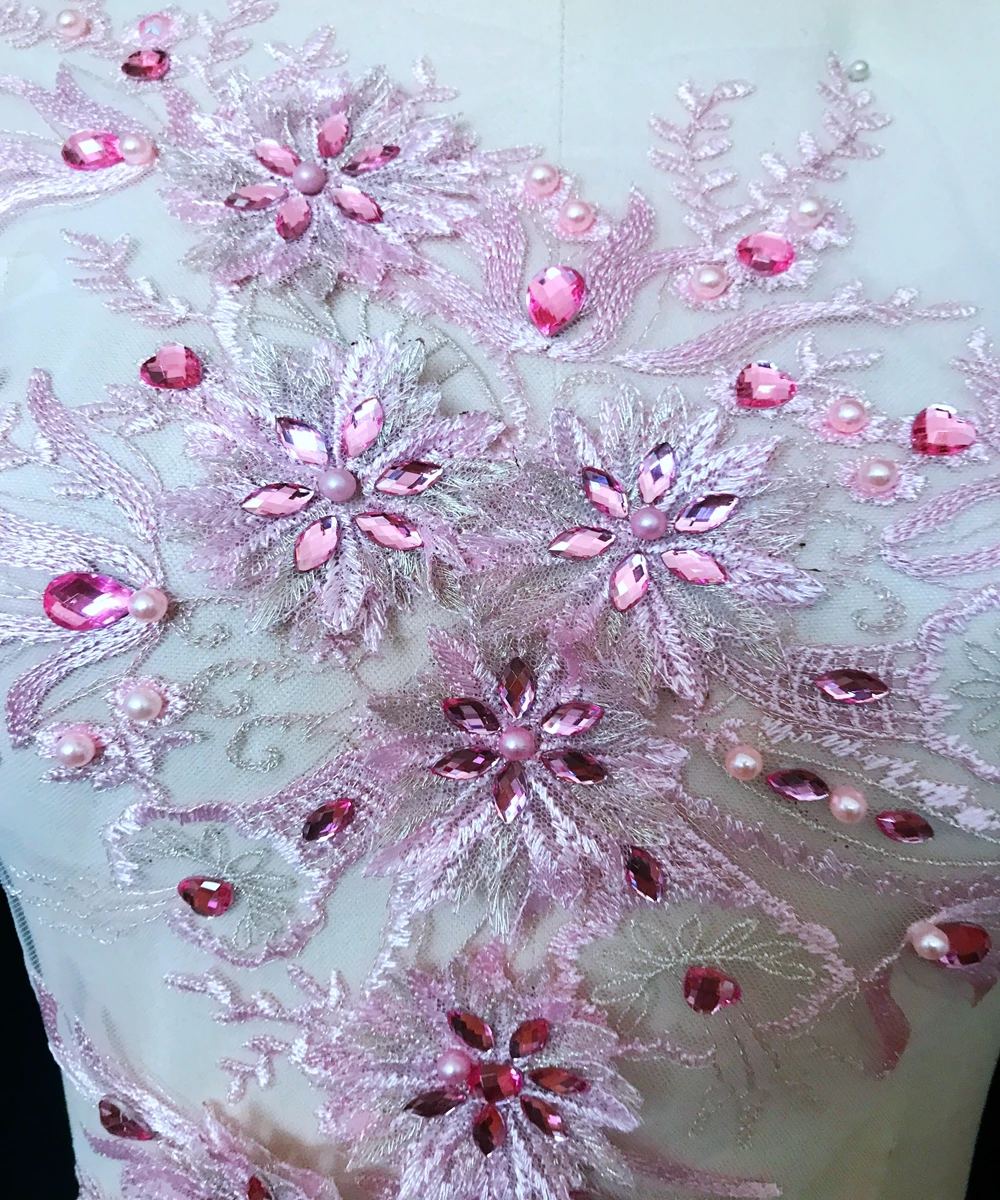 

Three-dimensional flower lace applique with rhinestones trim patches 58*26cm for dress accessory