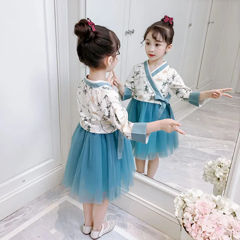 Hanfu/комплект одежды для девочек, коллекция года, новое весеннее детское пышное платье принцессы с длинными рукавами+ пальто, костюмы из 2 предметов для девочек, китайский style2-10T
