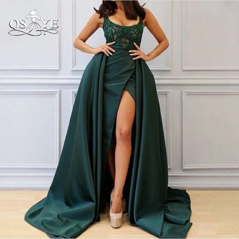 Женское вечернее платье QSYYE зеленое атласное кружевное с большим разрезом