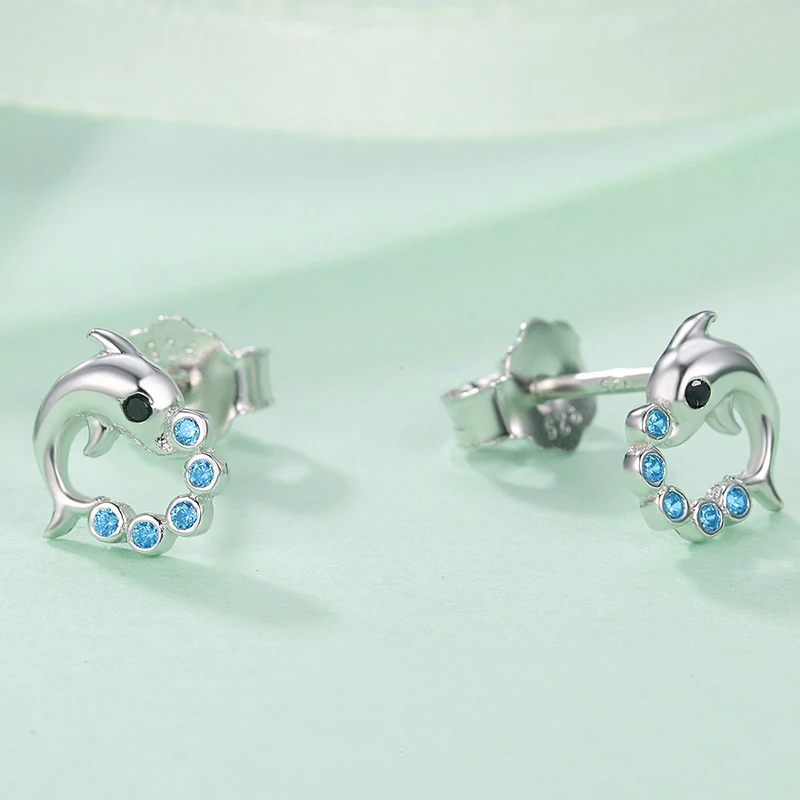 HoHangFuk Unique 925 Sterling Silver Cute Dolphin Animal With Blue Zircon Stud Earrings for Women Jewelry | Украшения и