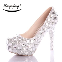 luxury silver crystal bride wedding shoes women super high shoes rhinestone platform shoes plus size 34 46 woman big size shoes