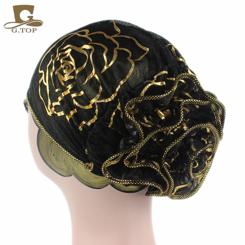 Черный кружевной тюрбан с цветком для женщин головной убор мусульманская
