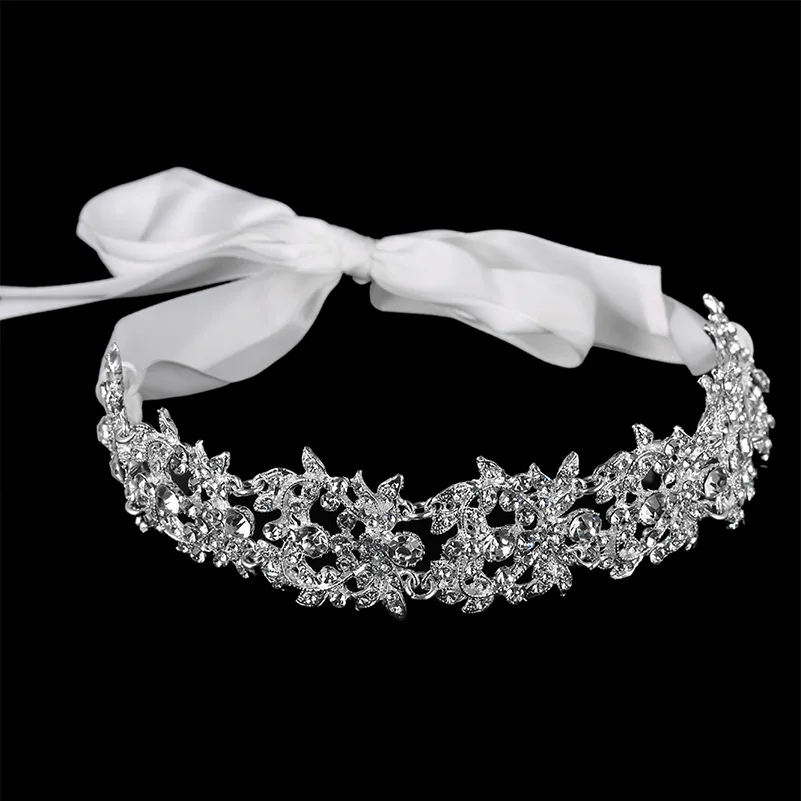Handmade Crystal Flowers Ribbon Bridal Headband Tiara Crown Silver Plated Wedding Hair Accessories Rhinestone Women Head Pieces