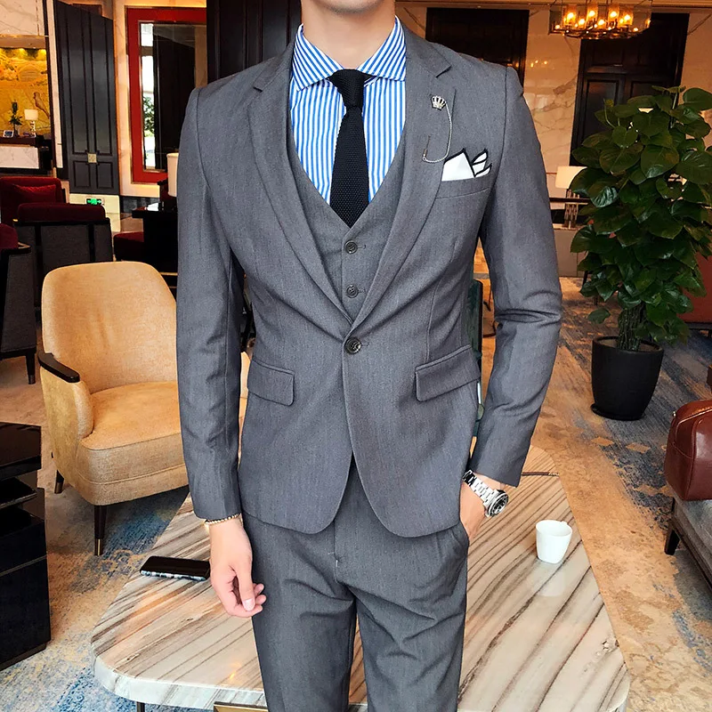 

Trajes Hombre British Style Slim 3-piece Man One Button Blazers Dress Groomsman Suits Jacket Vest & Pants