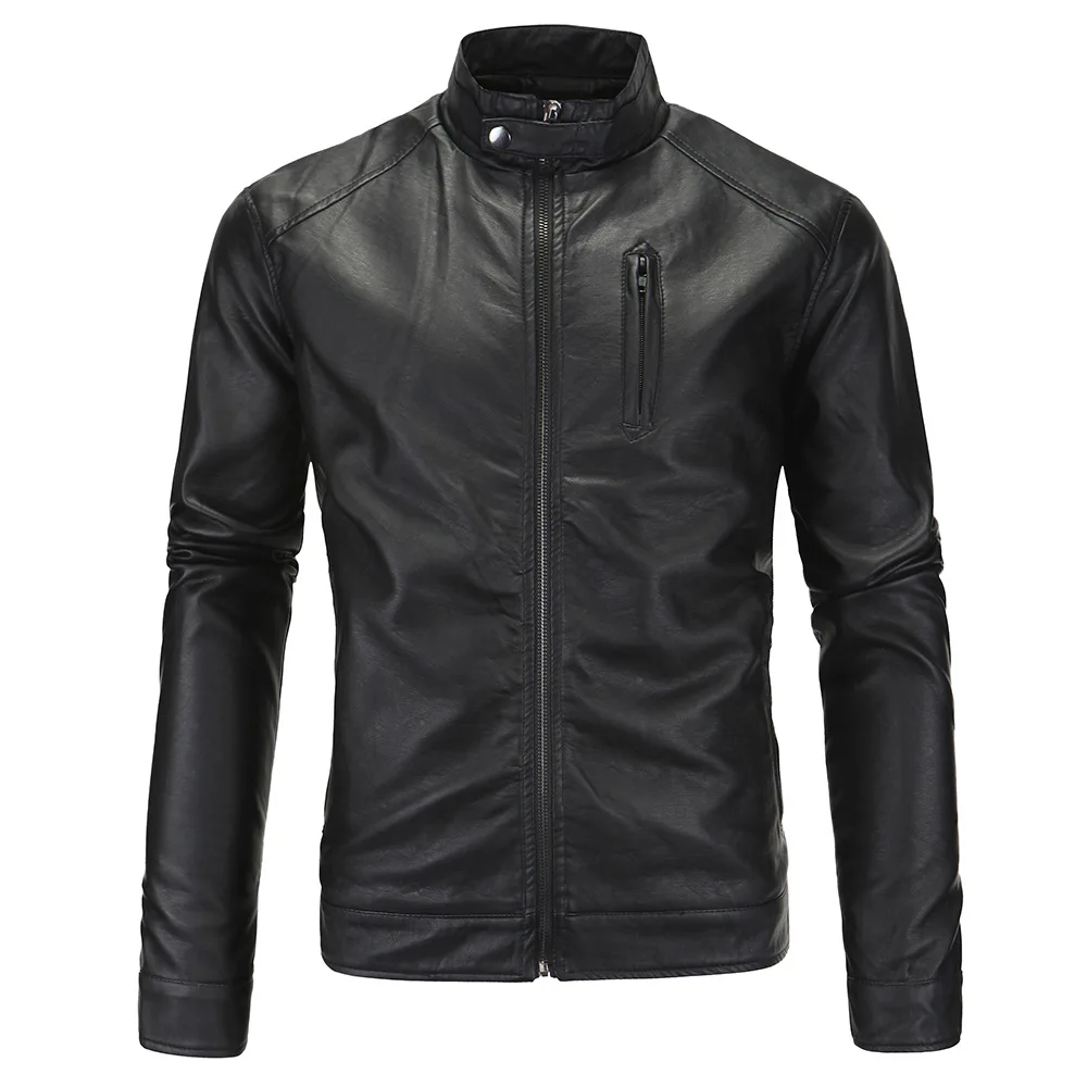 Fashion Winter Men Faux Leather Jacket Slim Black Stand Pockets Motorcycle PU | Мужская одежда